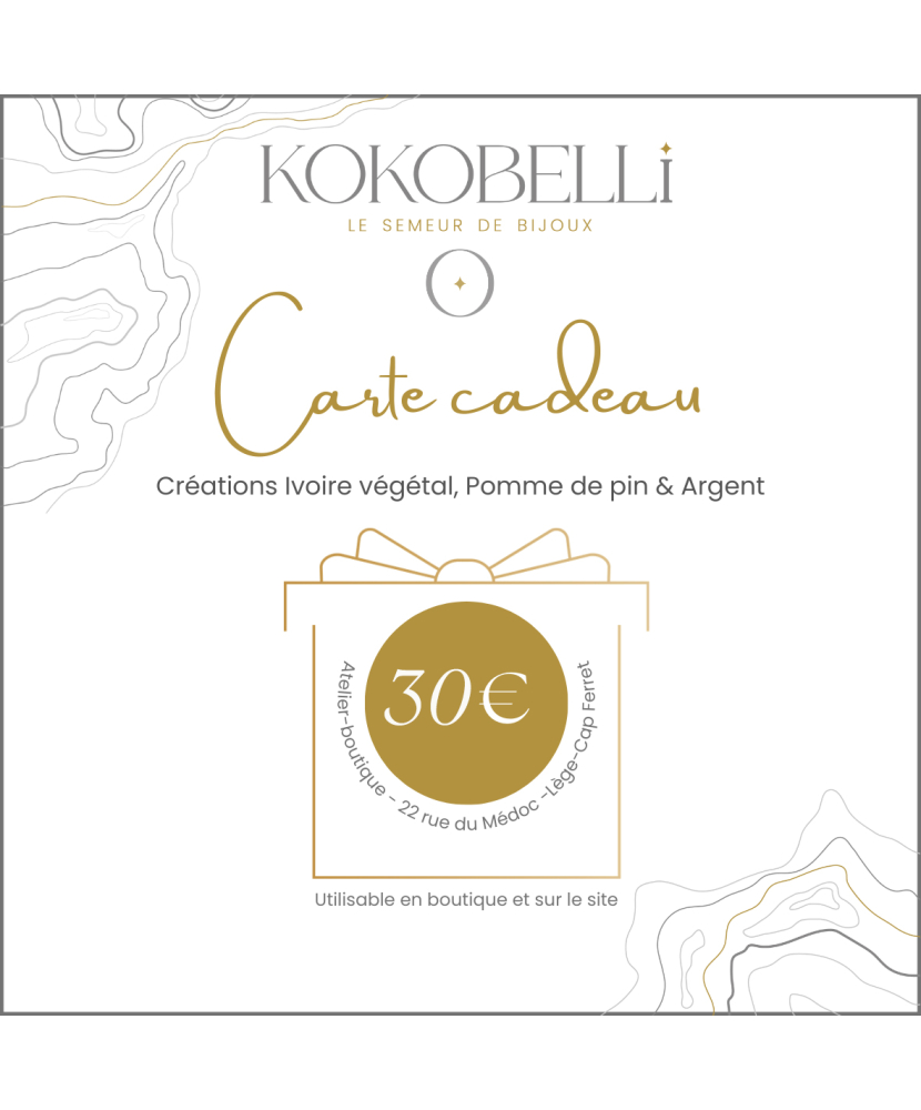 Carte cadeau 30E-Bijoux de Créateurs en tagua-Ivoire végétal et pomme de pin par Kokobelli